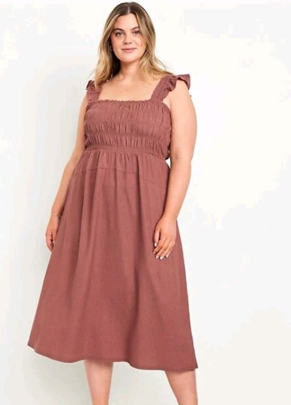 Old Navy Fit & Flare Smocked Midi Dress Brown Square Neck Sleeveless PXL